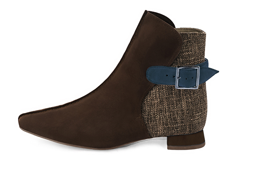 Dark brown and peacock blue women's ankle boots with buckles at the back. Square toe. Flat flare heels. Profile view - Florence KOOIJMAN